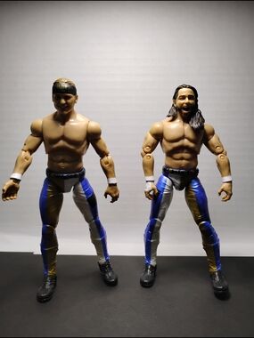 Pair of Male Wrestling Action Figures - Blue, Gold, White Pants